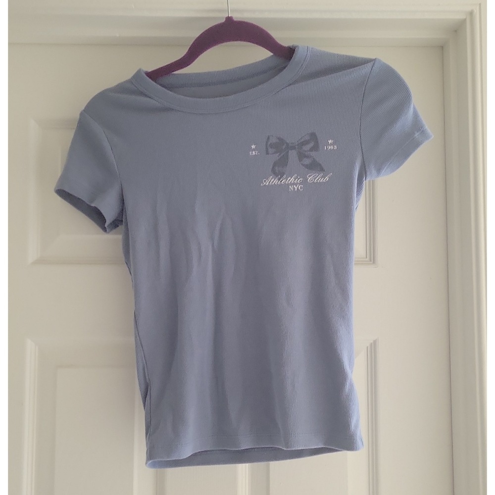 Arizona Jean Co Girls Blue Ribbed Athletic Club Bow Graphic Fitted Tee Size M